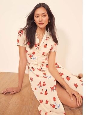 Reformation Cream Maxi Dress with Red Floral Print